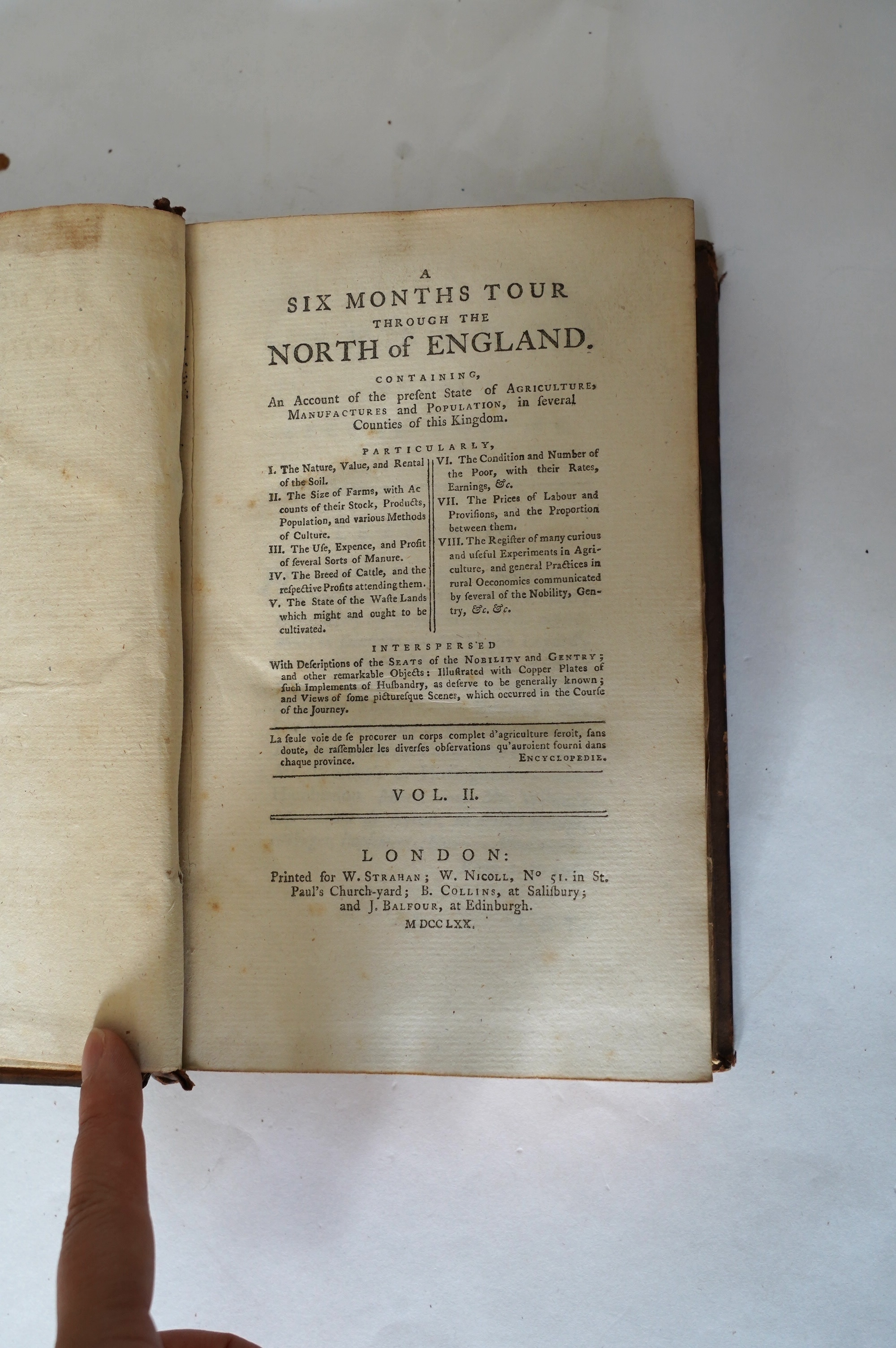Young, Arthur - A Six Months Tour through the North of England. 1st edition, 4 vols. 28 plates (some folded, incl. a map of the Bridgewater Canal) and 6 folded tables; contemp. calf. 1770